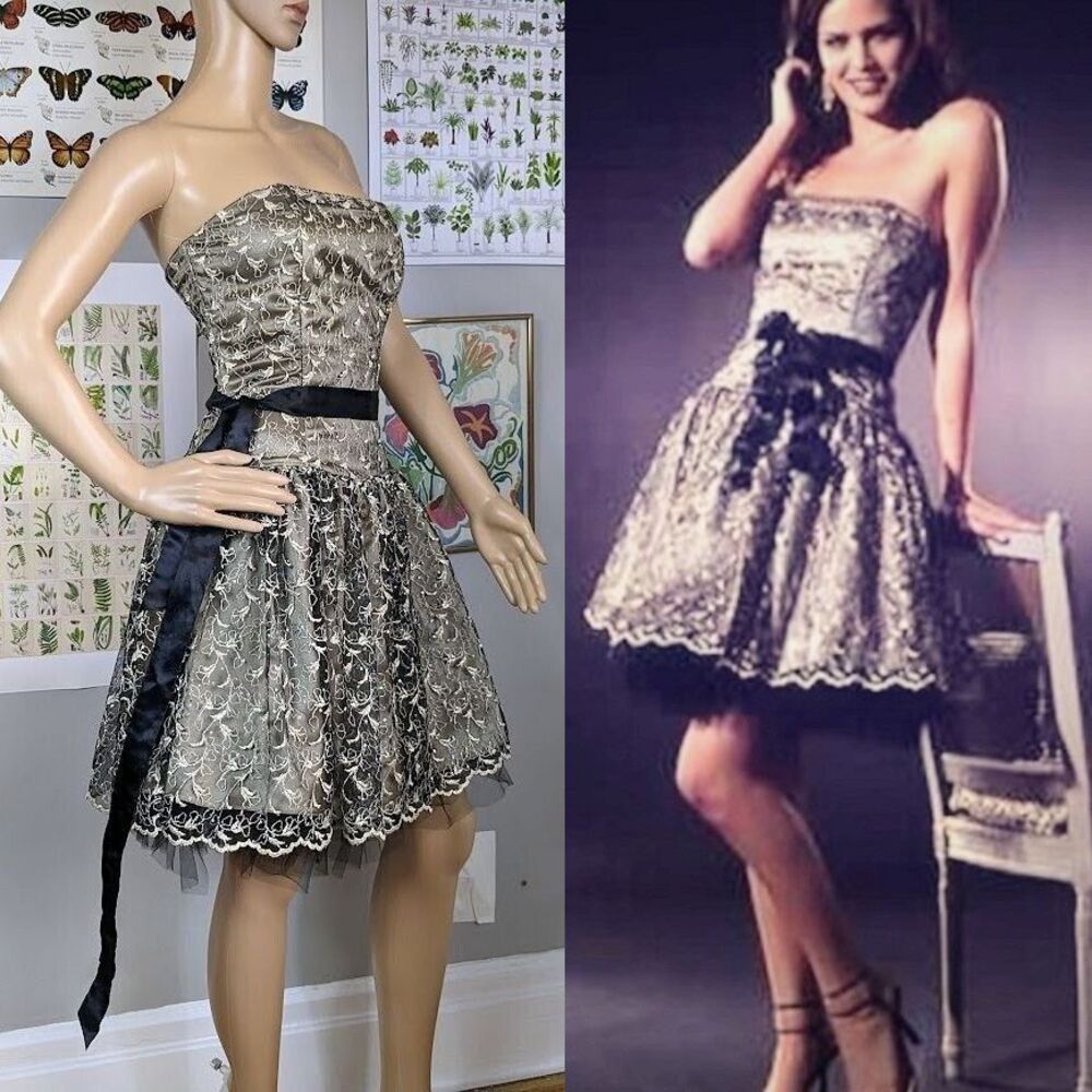 Vintage 90s y2k Jessica McClintock Strapless Mini Dress Prom Mesh Gold Size 0